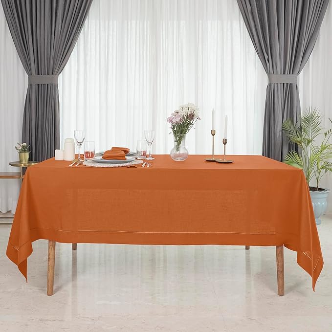 D'Moksha Homes Rust Linen Tablecloth for Rectangle Tables 60 x 132 Inch - 100% Pure Linen Rust Table Cloth - Classic Hemstitch, Machine Washable Dining Tablecloth for Spring, Easter