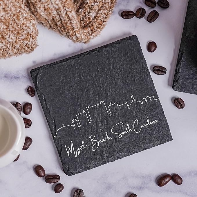 Blue Ridge Mountain Gifts - Myrtle Beach SC Skyline Coasters, Set of 4 - Myrtle Beach South Carolina Souvenir, Slate Coasters with Minimalist Skyline, Housewarming Gift for Friends & Neighbors