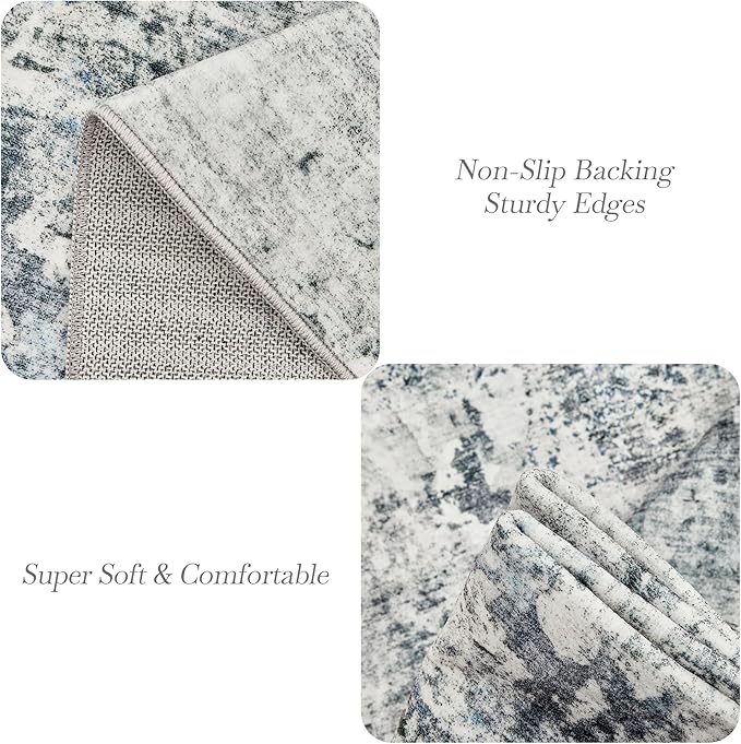 6x9 Abstract Area Rugs for Living Room 6 x 9 Washable Non Slip Low Pile Gray Rugs for Bedroom Dining Room Foldable Thin Gray Blue
