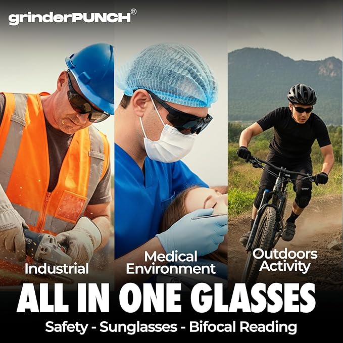 grinderPUNCH Bifocal Safety Sunglasses Sun Reading Glasses ANSI Z87 Impact Resistant Magnifier Sun Readers for Work Men Women
