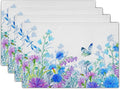 Blue Purple Floral Placemats for Dining Table Set of 4, Butterfly Decoration Spring Seasonal Washable Table Mats for Home Party Kitchen Indoor 12 x 18 Inch