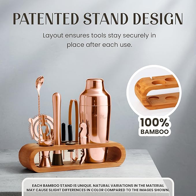 Mixology & Craft Cocktail Shaker Set with Bamboo Stand - Professional 10-Piece Bartender Kit - Complete Bar Set & Cocktail Mixer Kit for Home (Copper)