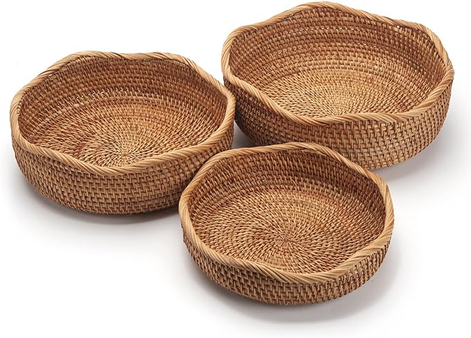 Rattan Bread Baskets Round Woven Fruit Bowls Key Holders Stackable for Storage, Snack, Fruit, Vegetable Natural Set of 3