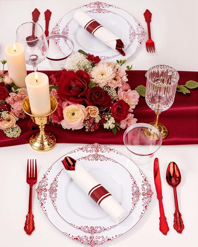Nervure 175PCS Red Plastic Plates - White Red Plastic Dinnerware Sets for 25 Guests - 50 Red Disposable Plates, 25 Pre Rolled Cutlery Set, 25 Cups Perfect for Wedding, Party