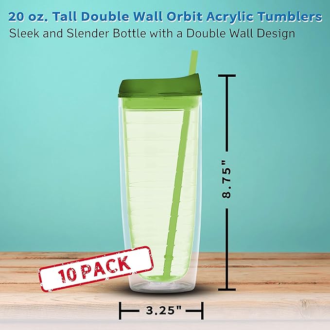 DISCOUNT PROMOS Tall Orbit Acrylic Tumblers 20 oz. Set of 10, Bulk Pack - Perfect for Iced Coffee, Soda, Other Hot & Cold Beverages - Lime Green