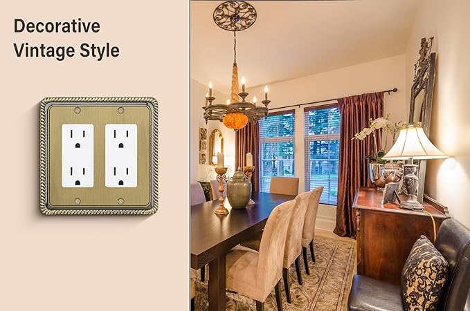 Henne Bery Rope Edge Decorative Wall Plate Switch Plate Outlet Cover (Double Decorator, Antique Brass)