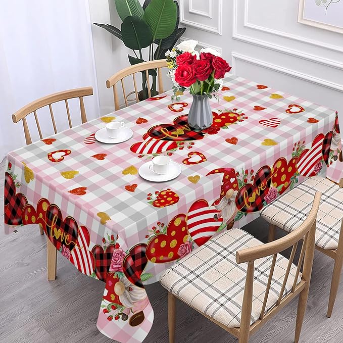 Valentines Day Tablecloth, Valentines Tablecloth Rectangle 52 x 70 with Red Heart and Roses, Valentines Oblong Table Cloth Gnome Holiday Kitchen Table Cover for Dining Room Indoor Decor