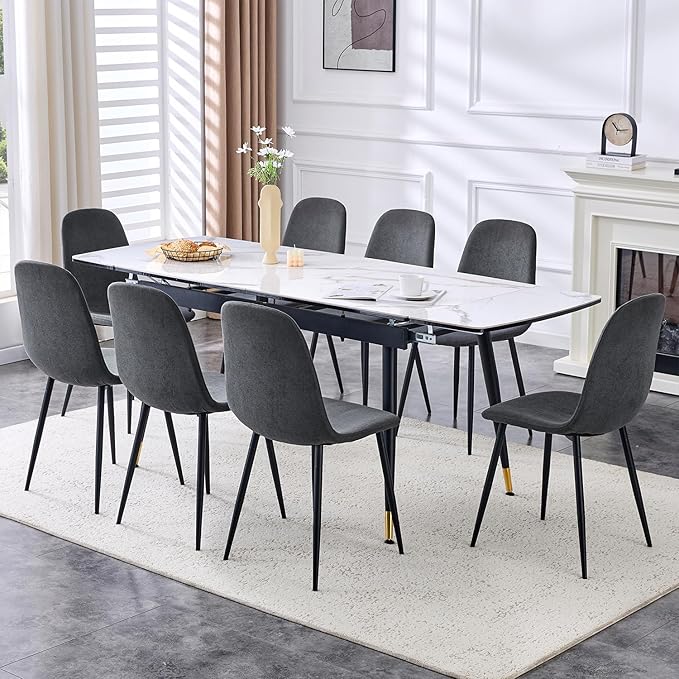 Extendable Dining Table Set for 8, 55'' to 78.8'' Rectangular Thickened Sintered Stone Kitchen Table with 8 Upholstered Chairs, Modern Space Saving 9-Piece Dinner Table Set