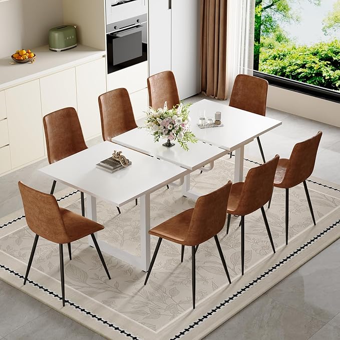 Extendable Dining Table Set for 8, 55"–71" Modern White Kitchen Table with 8 Upholstered Chairs, Space-Saving for Living Room Apartment, Sturdy & Comfortable, Easy Assembly