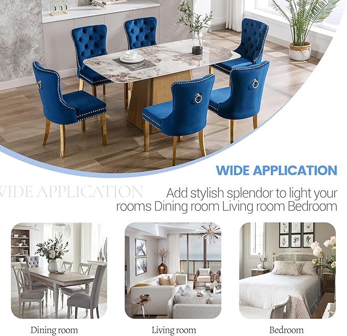 KCC Velvet Dining Chairs Set of 2, Upholstered High-end Tufted Dining Chair with Nailhead Back Ring Pull Trim Stainless Steel Legs, Contemporary Nikki Collection Modern Style for Kitchen, Blue