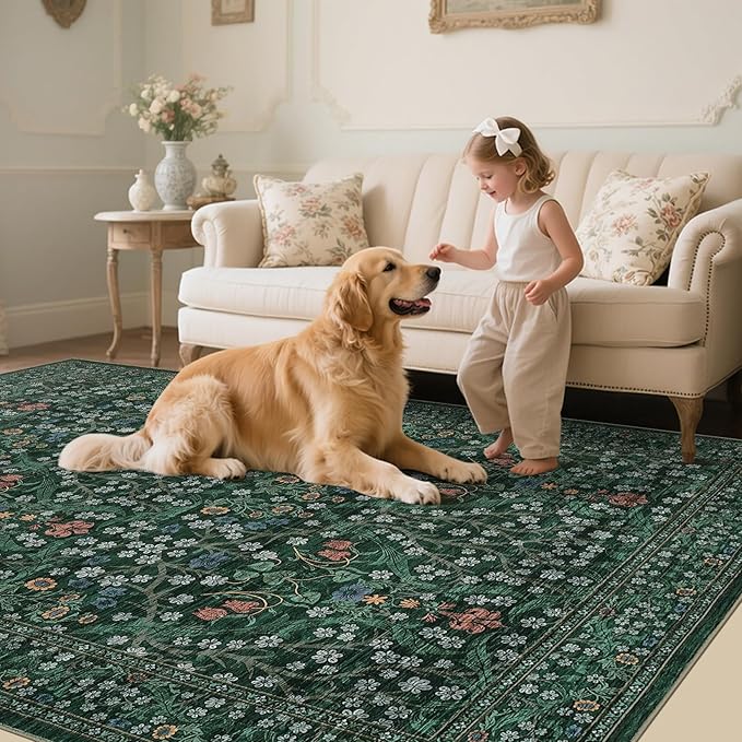 GarveeHome Washable Rug for Living Room, 8x10 Large Area Rug for Dining Room Under Table, Bedroom, Floral Soft Low Pile Non Slip Stain Resistant Carpet for Nursery, Playroom, Office, Dark Green