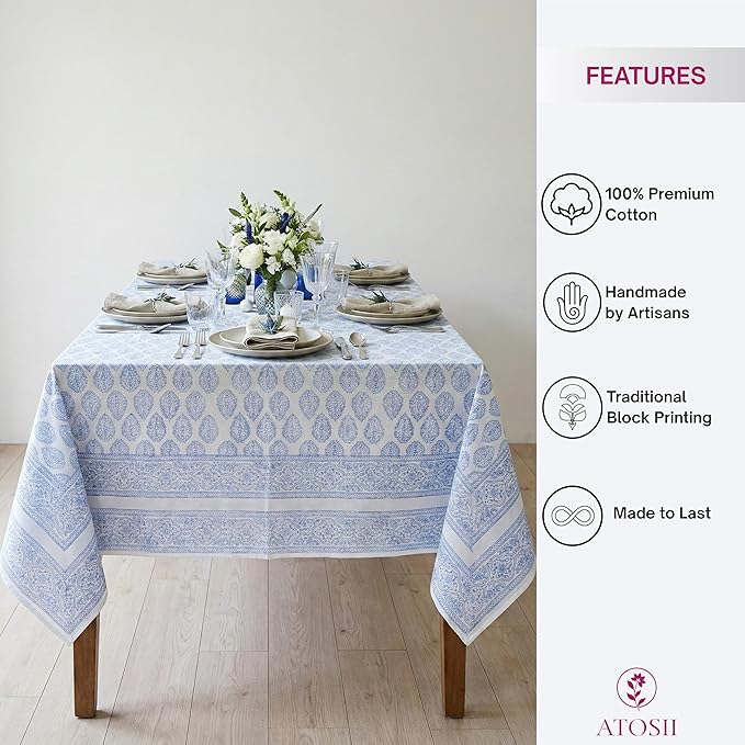 ATOSII Cotton Tablecloth Amalfi Blue 72" X 140" Inches Rectangle