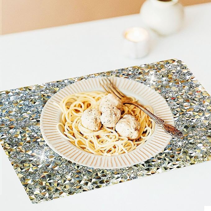 Silver Diamond Rhinestone Encrusted Square Placemats - Set of 2