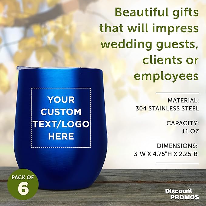Custom Stemless Wine Glass Tumblers with Lids by Largo 11 oz. Set of 6, Personalized Bulk Pack - Perfect for Wine, Cocktails, Other Hot & Cold Beverages - Blue