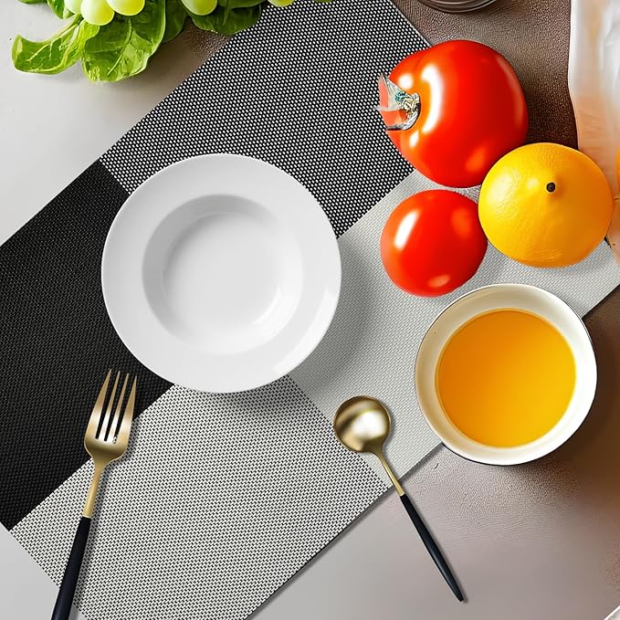 Placemats Set of 4 - Washable Woven Vinyl Placemats, Heat Resistant, Non-Slip, Easy to Clean Water Resistant Table Mats for Indoor/Outdoor Dining, Kitchen, Patio (4, Black White Square)