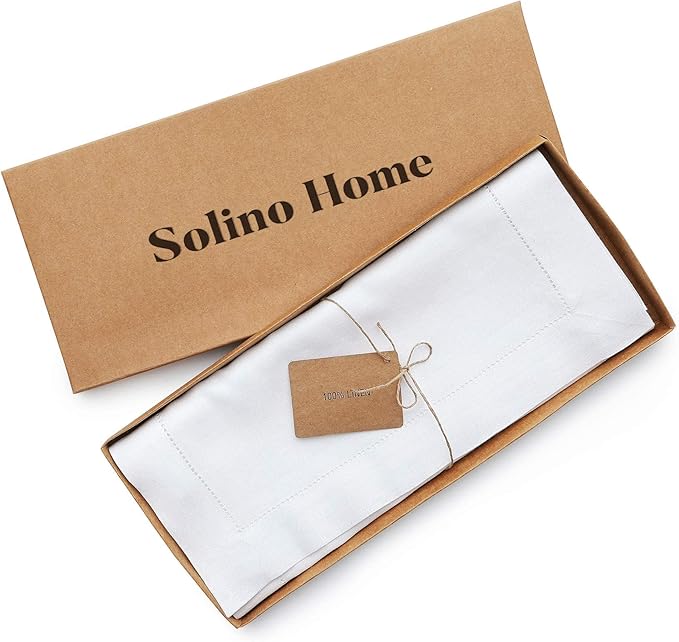 Solino Home Linen White Table Runner 60 Inches - Classic Hemstitch, 100% Pure Linen Coffee Table Runner 14 x 60 Inch Ideal for Dresser Tables - Valentines, Spring, Easter