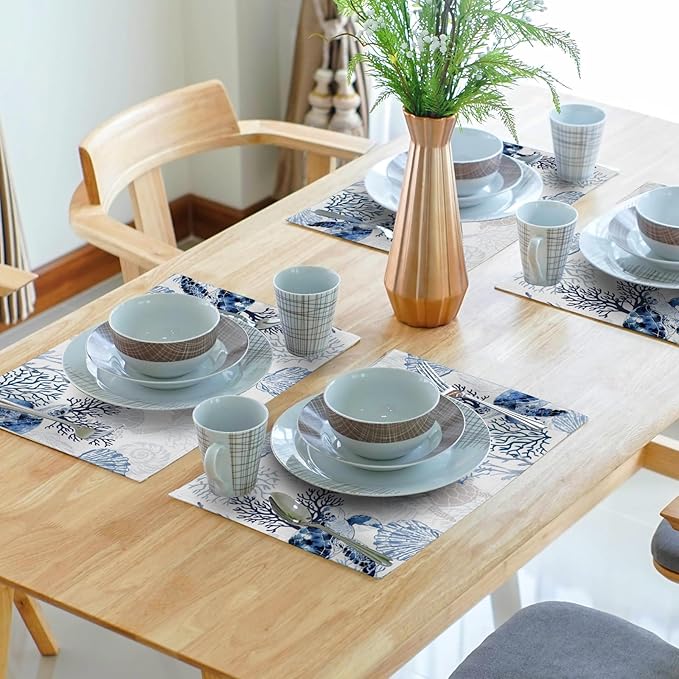 Coastal Placemats Set of 4 - Nautical Place Mats 12x18 Beach Table Mats Sea Turtle Coral Kitchen Mats for Party Dining Table