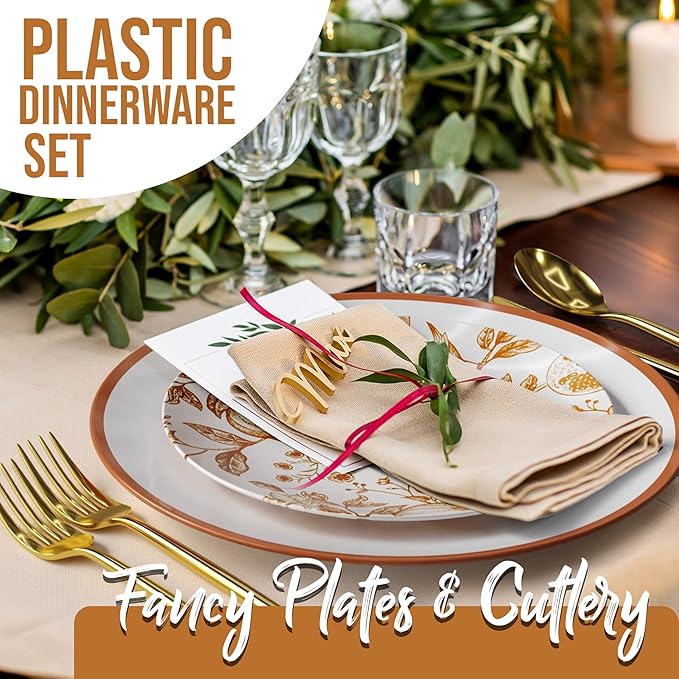 Trendables Fancy Plastic Dinnerware Sets 200 Pc Set 40 Guests Gold Silverware Disposable 40 X 10 Inch Charger Plates 40 X 8 Inch Dessert Plates 40 x Gold Plastic Forks and Spoons Knives In Pomegranate