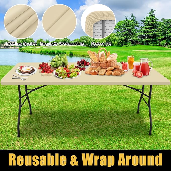 Smiry Rectangle Picnic Table Cloth, Waterproof Elastic Fitted Tablecloths for 5 Foot Tables, Washable Polyester Table Cover for Camping, Indoor and Outdoor (Champagne, 30"x60")
