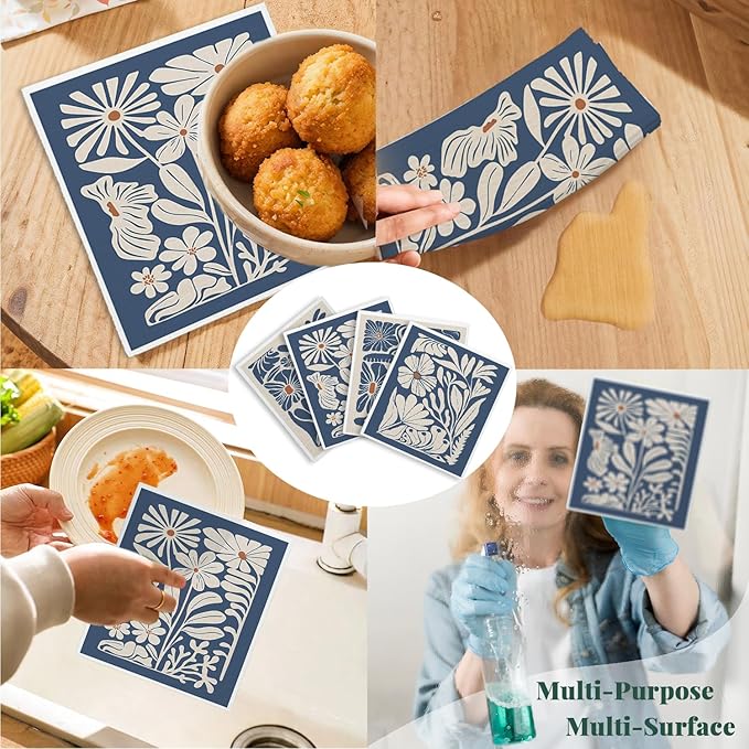 Spring Flower Swedish Dishcloths for Kitchen, Boho Navy Blue Swedish Dish Cleaning Cloths for Floral, 4 Pack Dish Towels for Kitchen, Papaya Reusable Paper Towels Washable