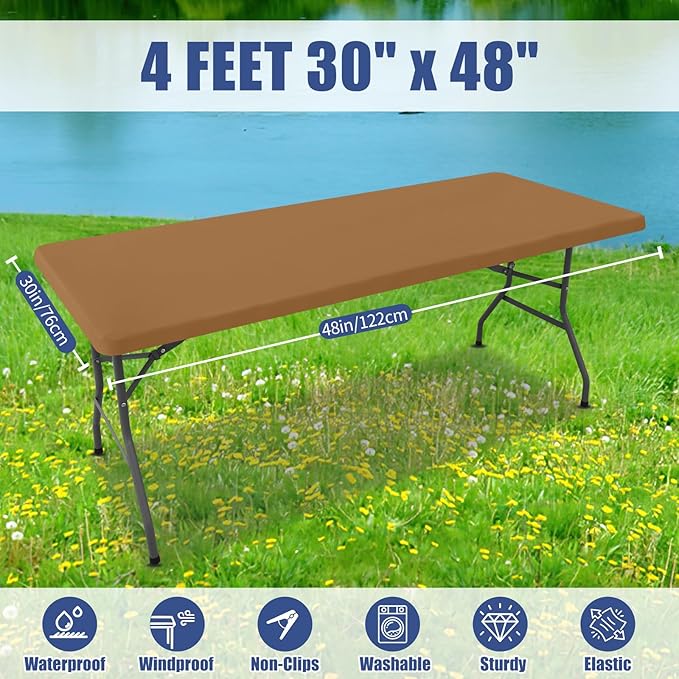 Spandex 4 Foot Rectangle Table Cloth 2 Pack, Elastic Fitted Tablecloths for Picnic, Stretch Washable Patio Table Cover for Outdoor, Camping, Banquet and Parties (Brown, 30"x48")