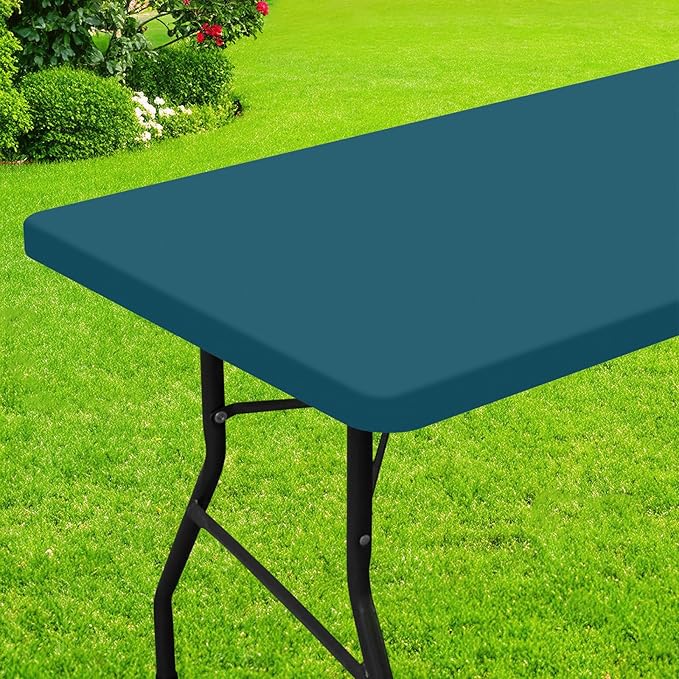 Smiry Rectangle Picnic Table Cloth, Waterproof Elastic Fitted Tablecloths for 8 Foot Tables, Washable Polyester Table Cover for Camping, Indoor and Outdoor (Peacock Blue, 30"x96")