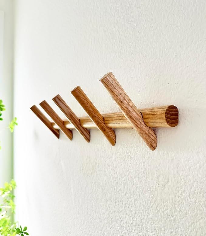 Modern Minimalist Wooden Wall Hook Rack, Solid Ash Wood Coat Rack with 5 Hooks, Wall Mounted Entryway Organizer for Coats, Hats & Bags, 20 lb Capacity