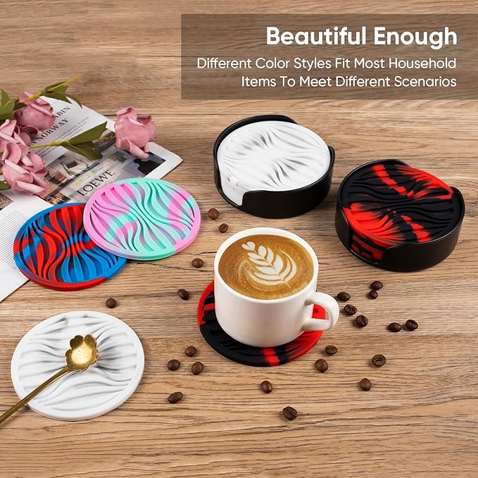 6 Pack Rubber Drink Coasters,Coasters for Drink with Holder,Silicone Cup Mat Non-Stick,Non-Slip,Thickened Live for Hot or Cold Drink(Blue Red)