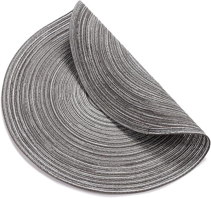 SHACOS Round Braided Placemats Set of 6 Round Table Mats 15 inch Cotton Washable for Holiday Party (Black Grey, 6)