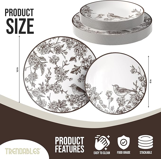 Trendables Disposable Dinnerware Decorative Plates Plastic Disposable Plates Set For 40 Guests 40 x 8 Inch Dessert Plate & 40 x 10 Inch Wedding Party Plate Set Rustik