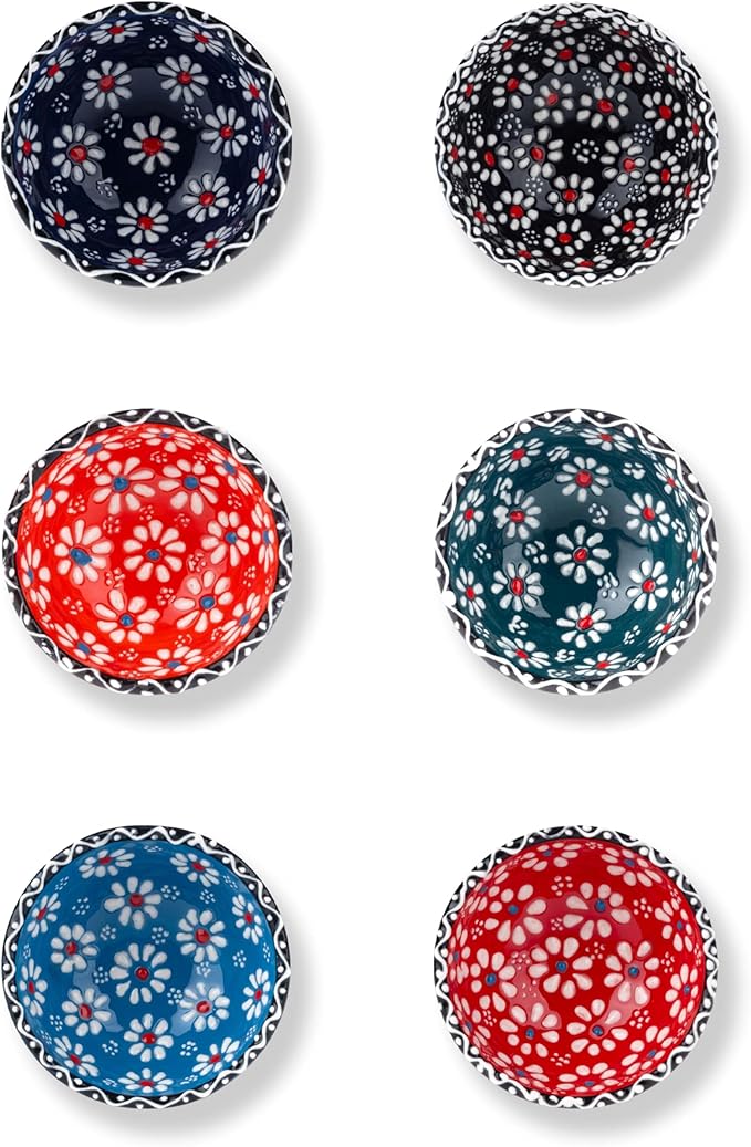 Ceramic Small Bowls, Dipping Bowls Set of 6, 3.5 Oz Soy Sauce Dish, Handmade Charcuterie Bowls, Colorful Pinch Bowls, Dishwasher & Microwave Safe Sauce Bowls, 3.2'' Mini Bowls (SULTAN'S GARDEN)