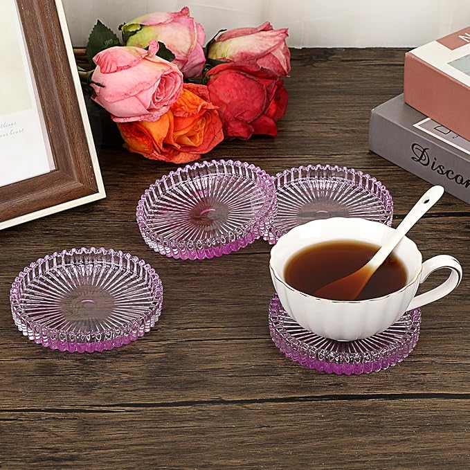 JUXYES 5 Pack Clear Purple Crystal Coasters Round Cup Mat, Glass Coasters for Drinks Coffee Tea Wine, Decorative Wine Bottle Coaster, Crystal Drink Coasters for Restaurant bar Kitchen Dining Table