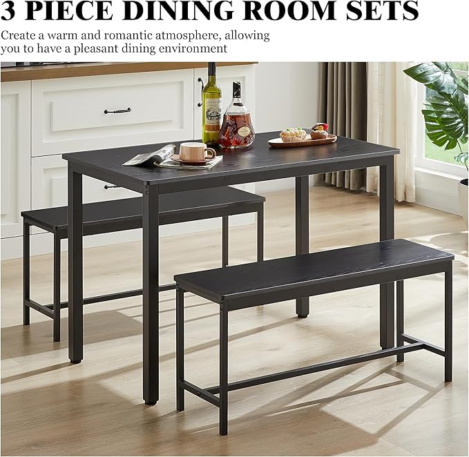 Sturdy Durable Dining Table Set for 4 with Bench, Easy to Assemble Kitchen Table with Bench, Space-Saving Ideal 4-Person Set for Daily Meals, brunches, or workspace,Black