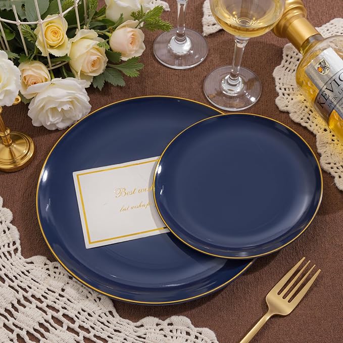 bUCLA 200PCS Blue Plastic Plates - Navy Blue Disposable with Gold Rim Include 100 Each (10 inch Dinner & 7 inch Dessert) Plates, Ideal for Party, Gathering and Hanukkah