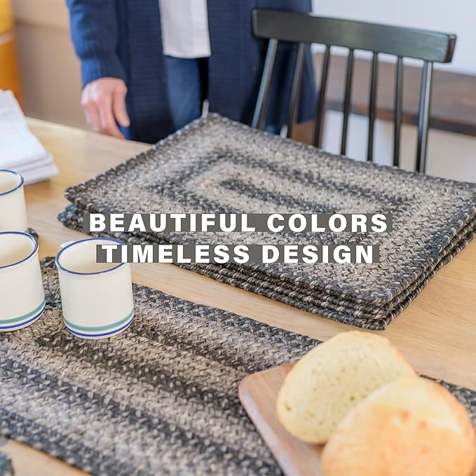 Homespice Flint Hill Jute Braided Oval Placemats, Warm Primitive Decor, Set of 6, 13x19 Grey Table Mats - Vibrant Colors, Durable, Easy to Clean and Protects Furniture