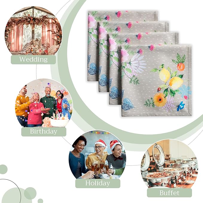 Maison d' Hermine Cloth Napkins Set of 4 100% Cotton Everyday Reusable Square Napkins Cloth Washable Dinner Wedding Restaurant Valentines Day Decorations Spring/Summer (Jardin D'Ete - Fog, 20" x 20")