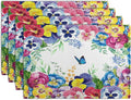 Watercolor Flowers Placemats Set of 4 Spring Summer Floral Butterfly Linen Fabric Table Mats Pansy Flower Eucalyptus Leaves Washable Place Mats for Farmhouse Dining Table Kitchen Decoration