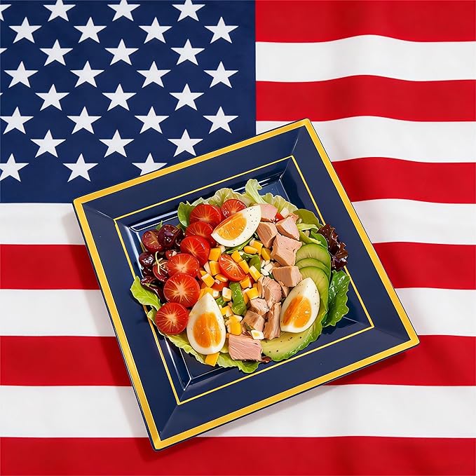 Liacere 100PCS Blue and Gold Square Plastic Plates-50PCS Heavy Duty 9.5inch Disposable Dinner Plates and 50PCS 6inch Blue Dessert Plate - Gold Plastic Plate for Party&Washington's Birthday