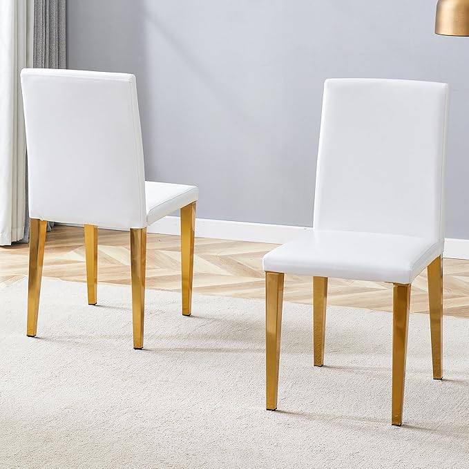 White Dining Chairs Set of 4,Faux Leather with Gold Metal Legs,Armless Kitchen Room Chairs Set of 4,Max Load 300 Lbs,High Back Modern Design for Home Kitchen Living Room Bedroom