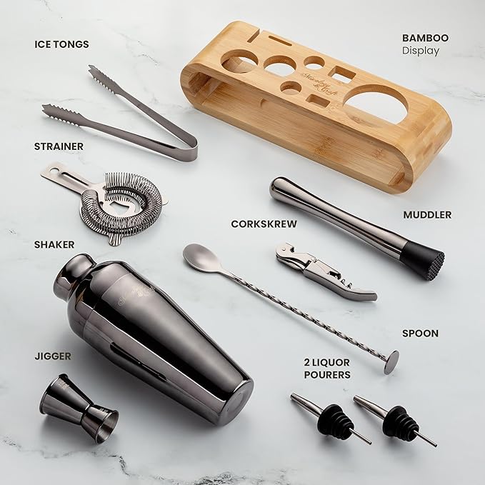 Mixology & Craft Cocktail Shaker Set with Bamboo Stand - Professional 18oz 10-Piece Bartender Kit - Complete Bar Set & Cocktail Mixer Kit for Home (Gunmetal)