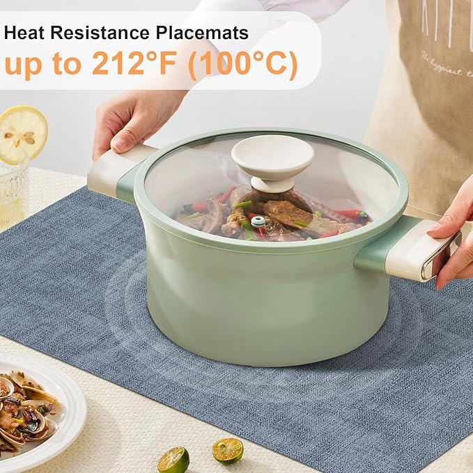 Faux Leather Placemats Set of 6, Heat Resistant Wipeable Washable Vinyl Place Mats, Waterproof Anti-Slip Dining Table Mats, Suitable for Indoor & Outdoor Use (Blue)