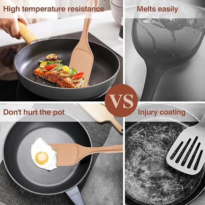 Wooden Cooking Utensils, 6 Pieces Natural Beech Wooden Spoons For Cooking with Unique Notch & Heat Resistant Design, Non-Stick Wood Kitchen Utensil Set with Hanging Hole for Kitchen Essentials
