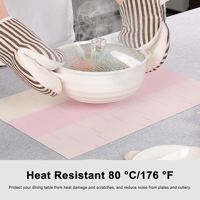 Placemats Set of 8, Vinyl Woven Place Mats Indoor Set of 8 Washable Wipeable PVC Table Mats Heat-Resistant Non Slip Plastic Placemat for Kitchen Dining Outdoor Table (Beige Pink, Set of 8)