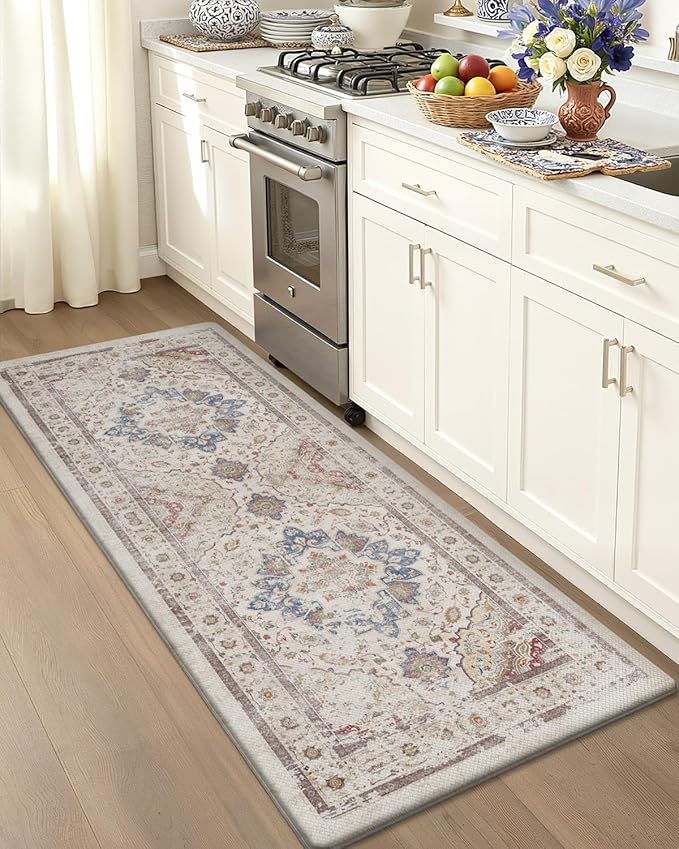 Color&Geometry Kitchen Floor Mats Anti Fatigue, Cushioned Boho Rugs,Waterproof Non Slip Kitchen Runner for Sink, Standing Mats for Office,24"x87",Oatmeal