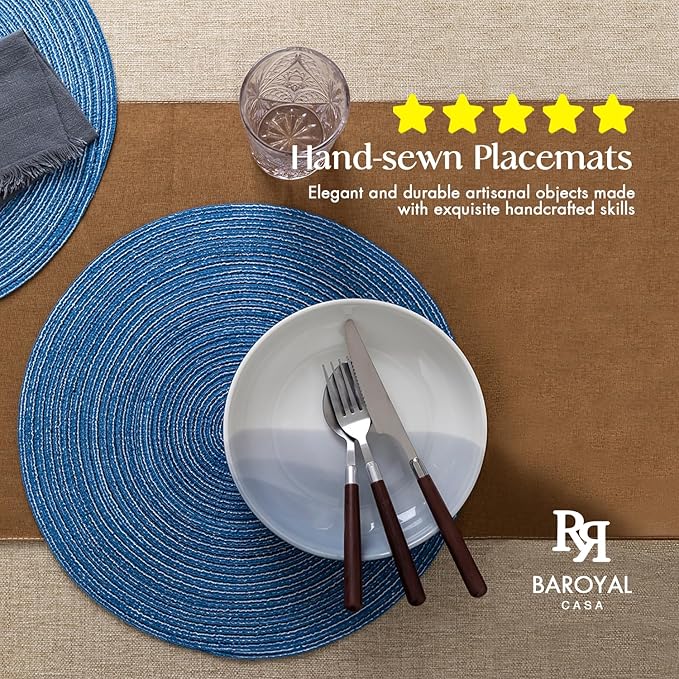 Round Placemats Set of 8 Woven Placemats Washable Braided Table Mats for Dining Table Heat Resistant Non-Slip Circle Place Mats(Mid Blue)