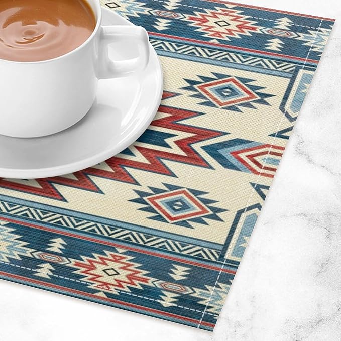 Ethnic Aztec Placemat Set, Vintage Bohemian Rustic Farmhouse Blue Red Mystic Native Tribal Geometric Totem Pattern Home Decor Linen Table Mats for Dining Room Kitchen Party (17x12in) x2P