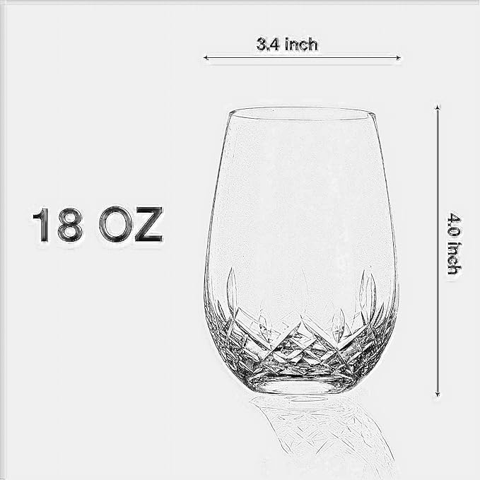 SHOSHIN - Hand Cut Stemless Wine Glass Set of 4, Large 18 oz Crystal Glass, Wine Tumblers for Red and White Wine, Water Glasses, Drinking Glasses