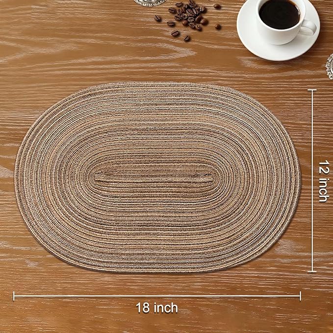 Noctiflorous Oval Braided Placemats Set of 4 Woven 12x18 Inch Non Slip Washable Heat Resistant Place Mats Round Tablemats for Dining Kitchen Party Daily Table Decor Dinner Mats (Brown, 4)
