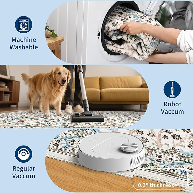 GarveeHome 8x10 Area Rugs, Washable Rugs for Living Room Non Slip Stain Resistant Ultra Soft Floral Rug, Boho Carpet Floor Mat for Bedroom Dining Room Nursery Playroom Office, Beige