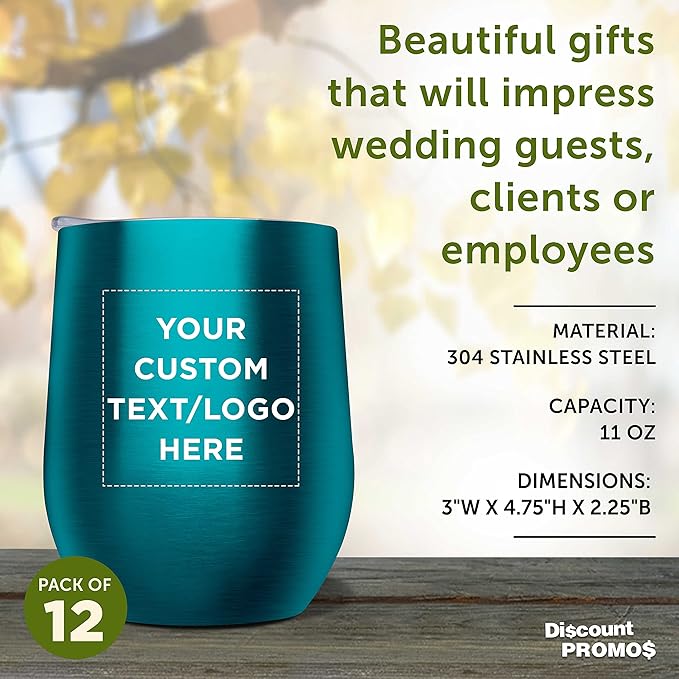 Custom Stemless Wine Glass Tumblers with Lids by Largo 11 oz. Set of 12, Personalized Bulk Pack - Perfect for Wine, Cocktails, Other Hot & Cold Beverages - Teal